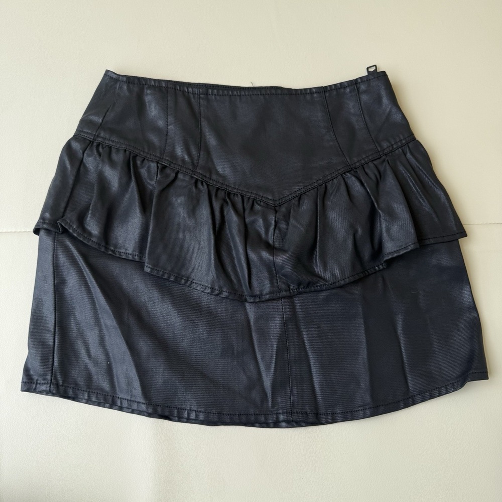 AllSaints Women's US 4 Black Faux Leather Ruffle Mini Skirt Zip Back